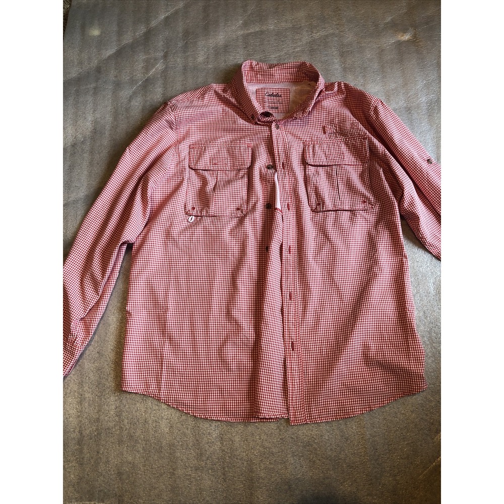 Cabellas Sport Shirt Mens Size Large Long Sleeve Regular Fit Red Checkerd Vintag